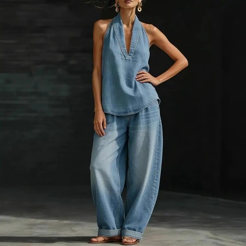 Women denim vest pants set - women,
