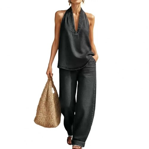 Women denim vest pants set - vest,